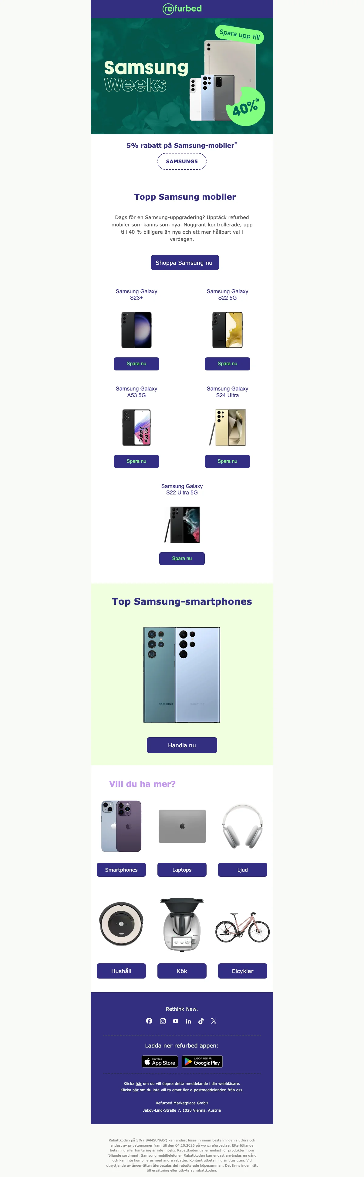 Bevis på kupong - refurbed - Rabattkod: [[5% rabatt]] på utvalda Samsung-mobiler, för privatpersoner