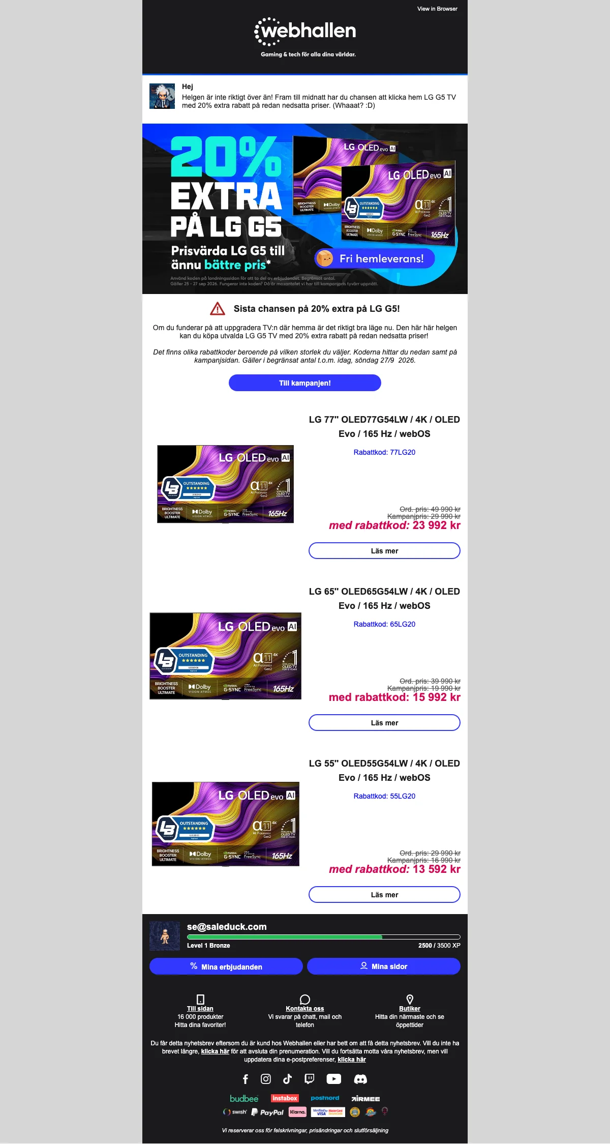 Bevis på kupong - Webhallen - Rabattkod: 20% extra på utvalda TV-apparater, fri hemleverans