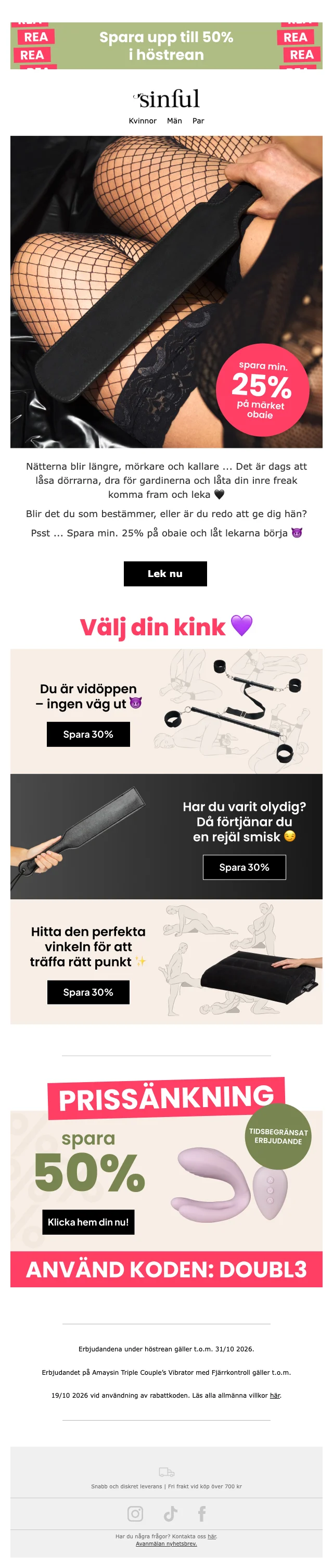 Bevis på kupong - Sinful - Erbjudande under höstrean: [[30% rabatt]] på utvalda varor