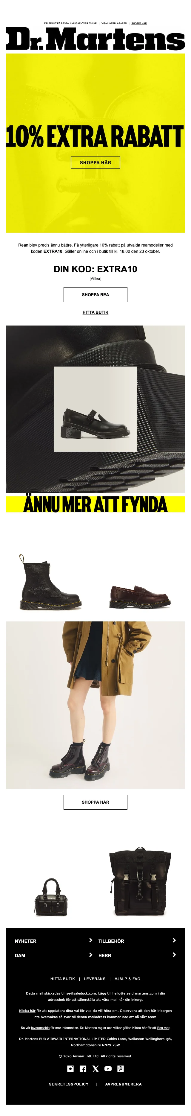 Bevis på kupong - Dr Martens - Rabatt: 10 % extra på utvalda reamodeller i butik och online