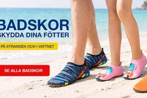 Badskor för vuxna och barn.